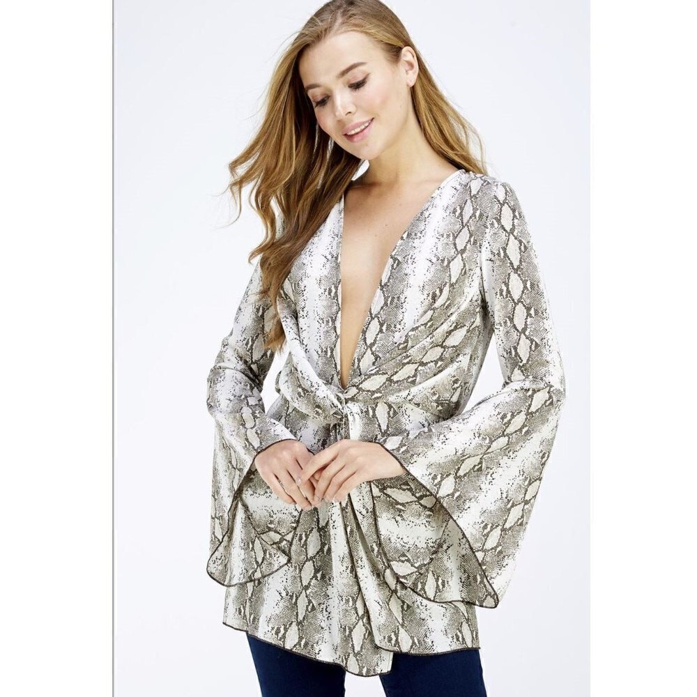 Blue Blush Snake Animal Print Knotted Front Long Bell Sleeve Mini Dress Sz Small